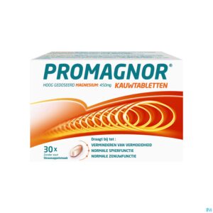 Packshot Promagnor: Hoog Gedoseerd Magnesium 450mg (30  Kauwtabletten)