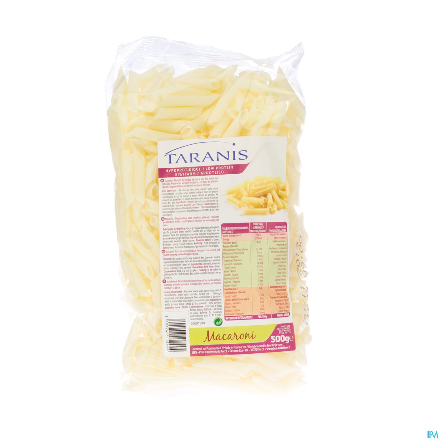 Packshot Taranis Pasta Macaroni 500g 4620 Revogan