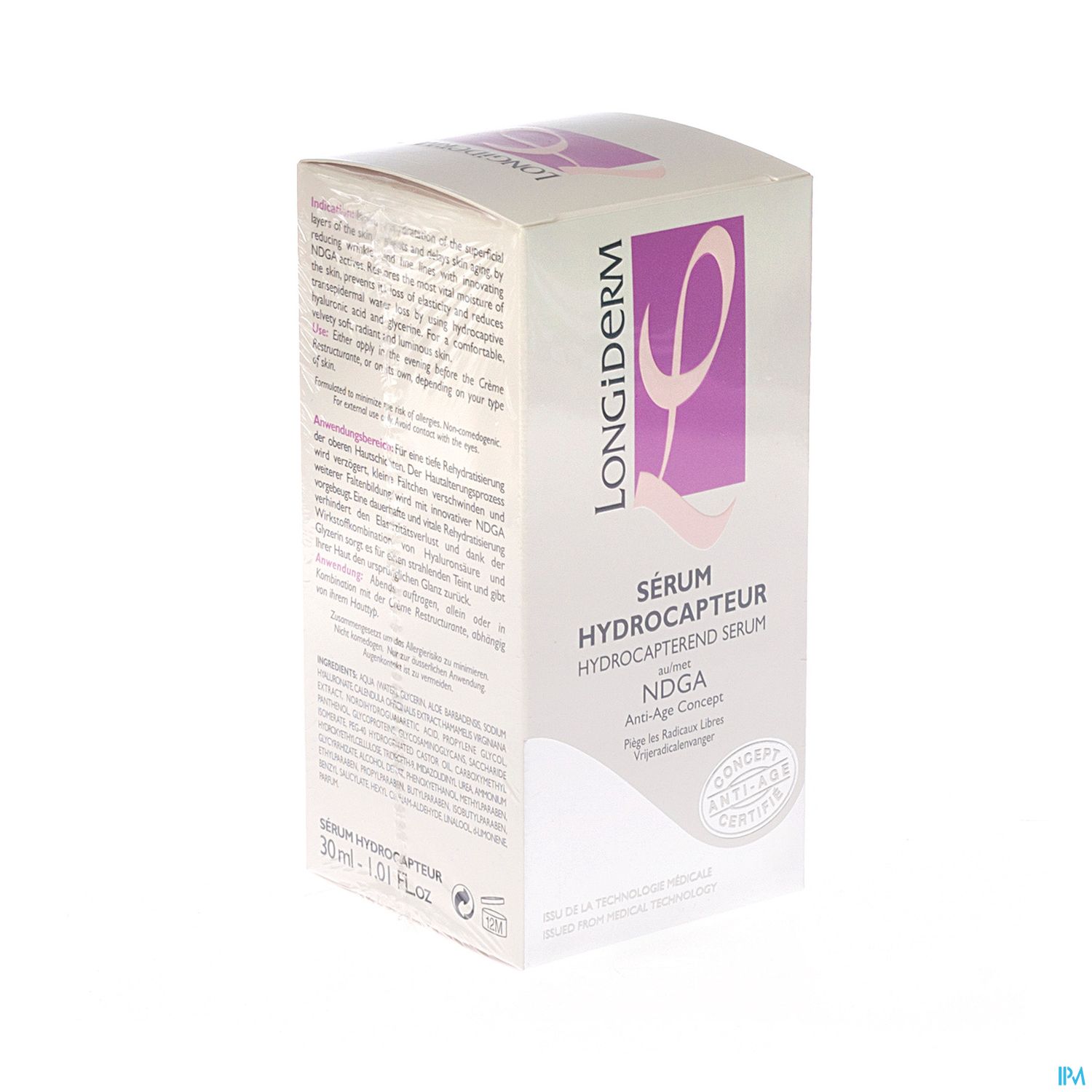 Packshot Longiderm Serum Hydrocapterend A/age Gelaat 30ml